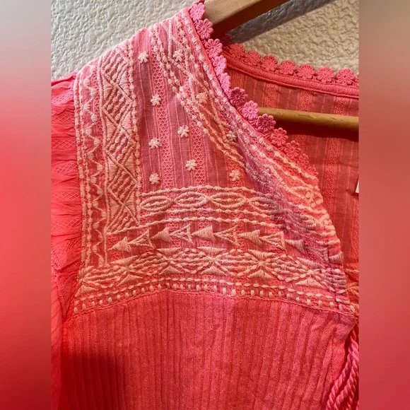 Free People Sarafina Top Boho Cottage Core Embroidered Flutter Crop Pink XL - Picture 8 of 15